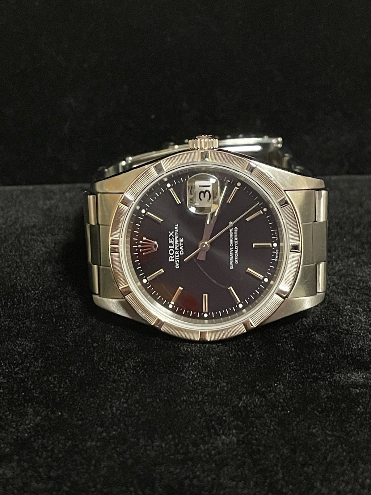 2007 Rolex Date 15210 Engine Turned Black Dial SS Oyster No Papers 34mm
