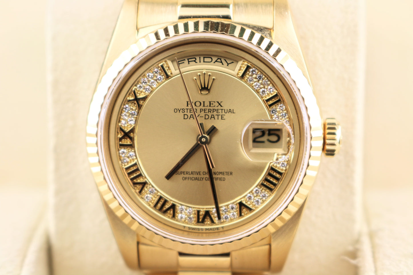 Rolex Day-Date 18238 Champagne Myriad Roman Dial 18kt President Open Papers 36mm