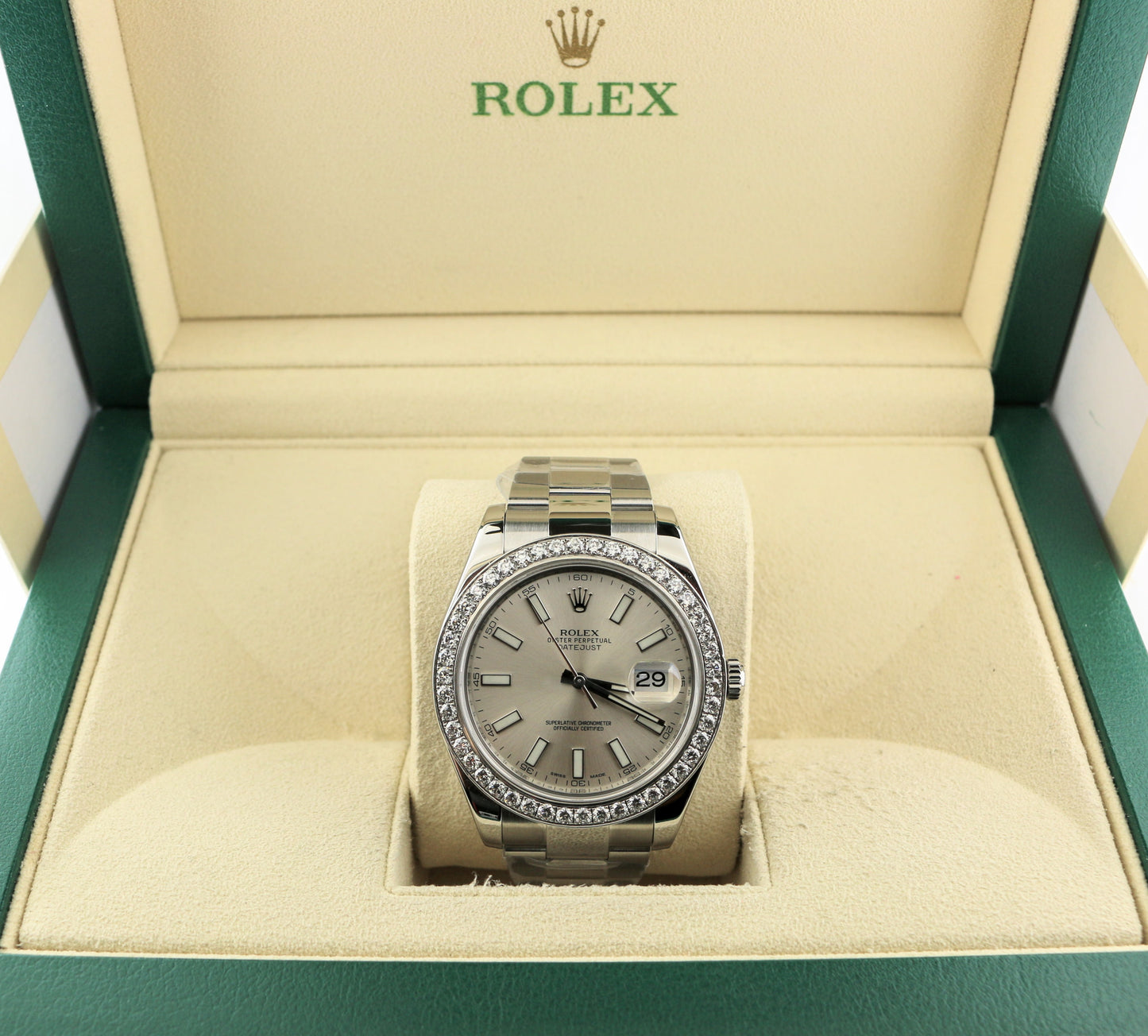 Rolex Datejust 116300 Silver Dial 3 CT Diamond Bezel SS Oyster No Papers 41mm