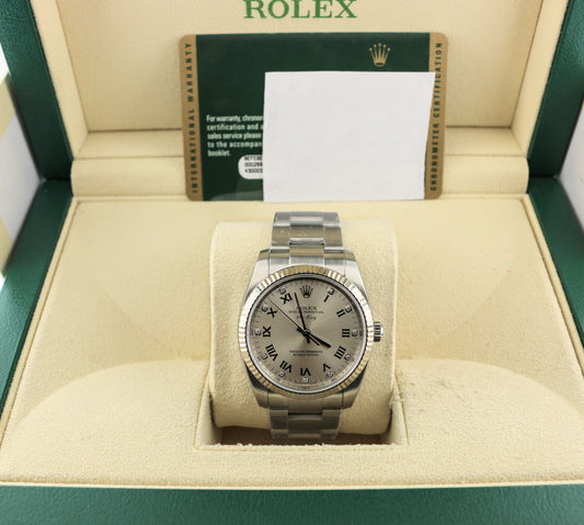 OHA 2010 Rolex Air-King 114234 Silver Roman Diamond Dial SS Oyster With Papers 34mm