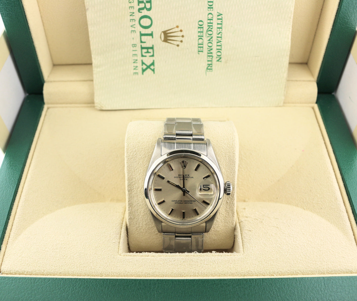 1970 Rolex Date 1500 Silver Steel Dial SS Rivet Bracelet Open Papers 34mm