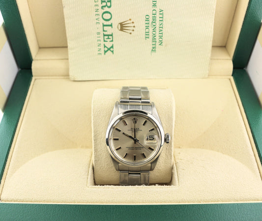 1970 Rolex Date 1500 Silver Steel Dial SS Rivet Bracelet Open Papers 34mm