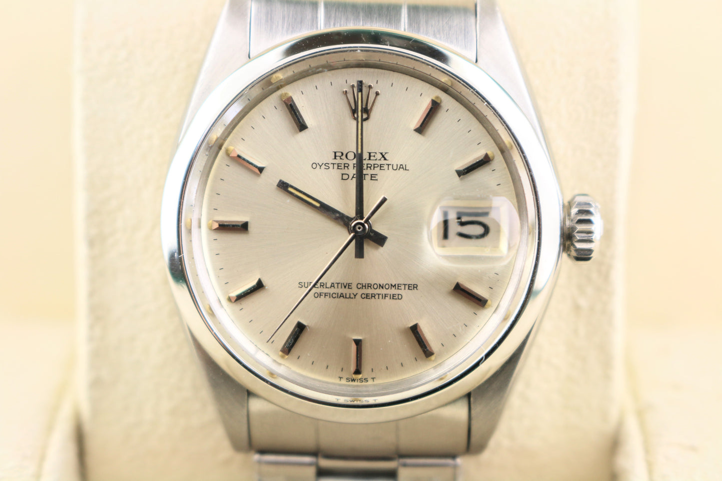 1970 Rolex Date 1500 Silver Steel Dial SS Rivet Bracelet Open Papers 34mm