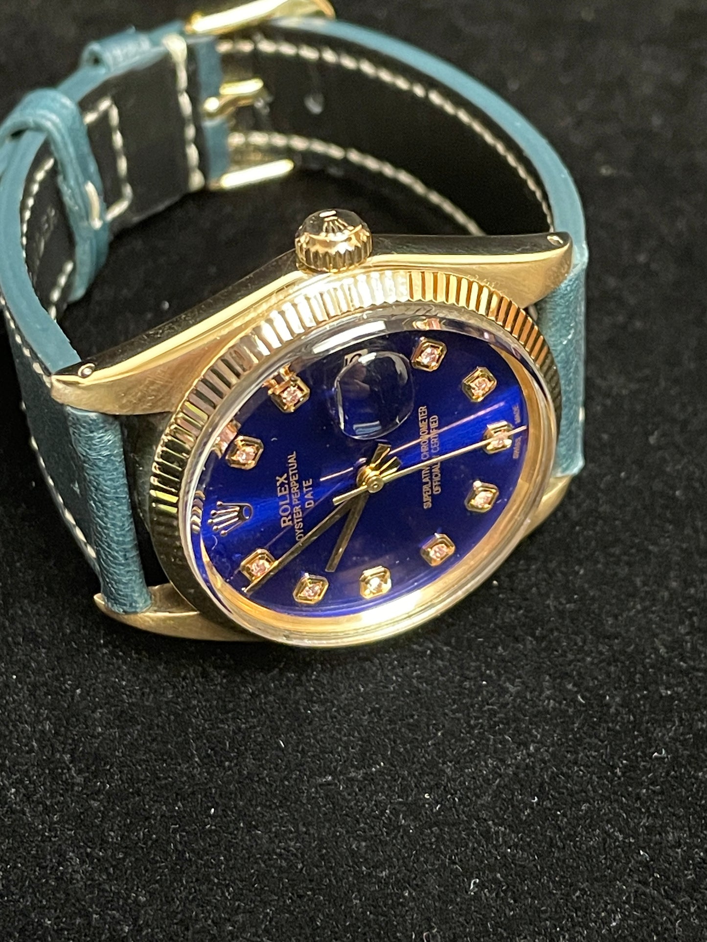 Rolex Date 1507 Gold 14kt Blue Diamond Dial Leather Strap No Papers 34mm