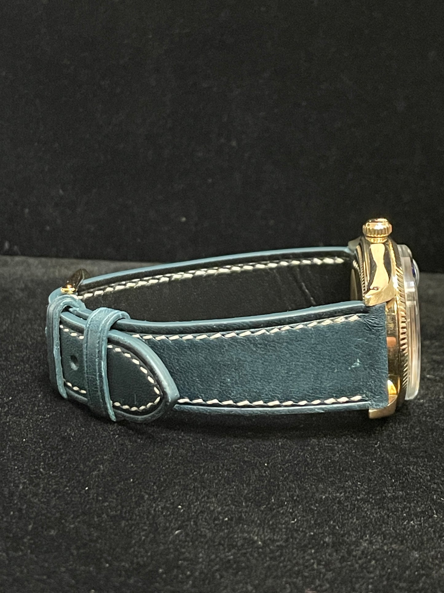 Rolex Date 1507 Gold 14kt Blue Diamond Dial Leather Strap No Papers 34mm