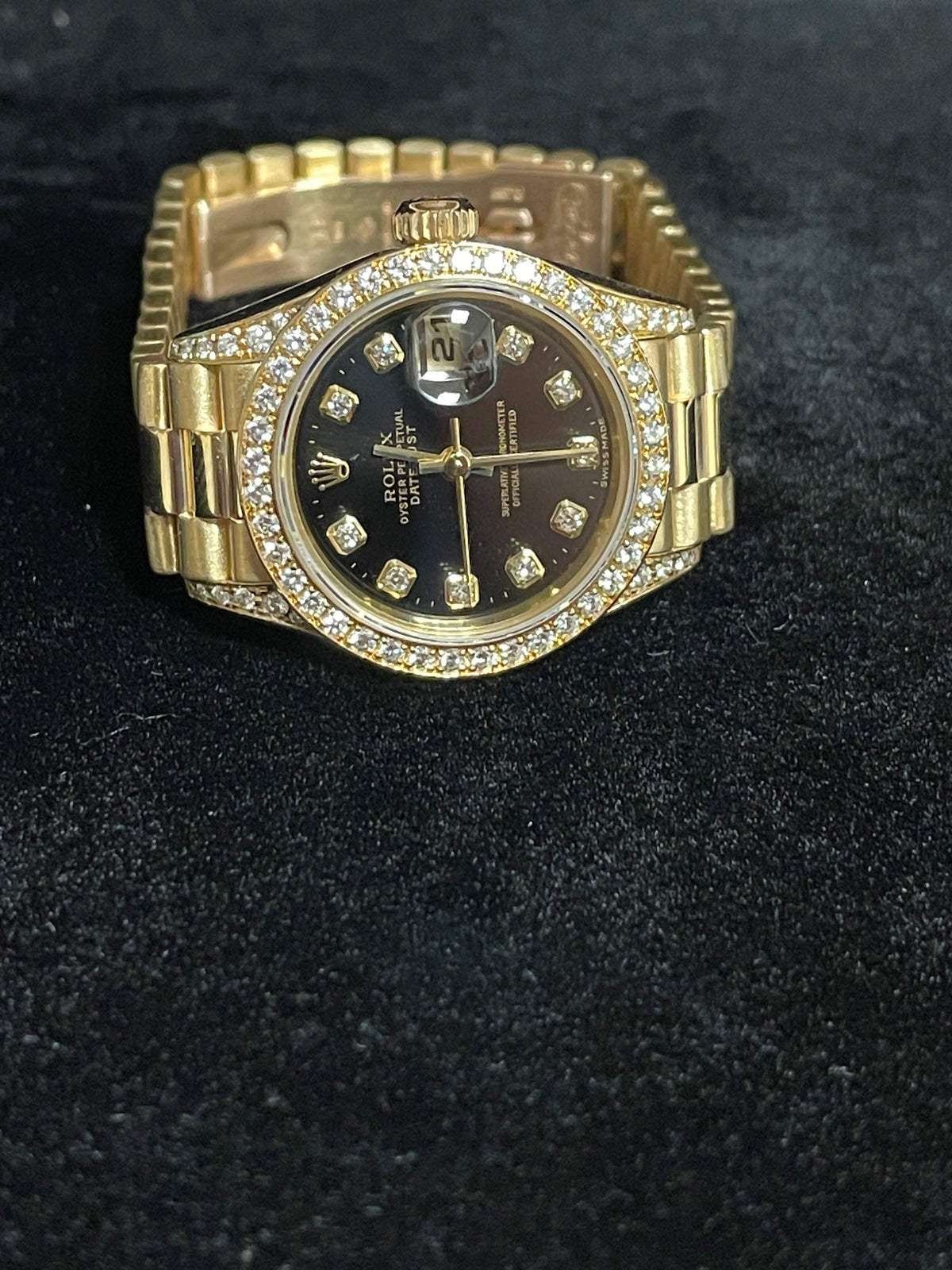 Rolex Ladies Datejust 79158 Black Diamond Dial, Bezel, Lugs 18kt President 26mm
