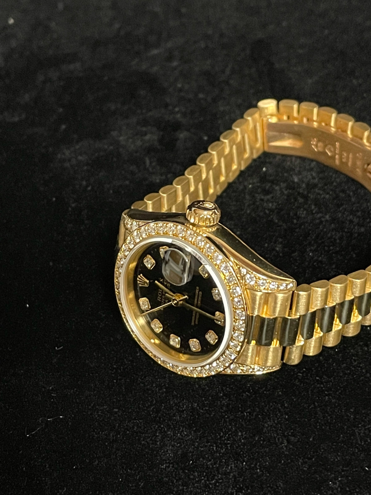 Rolex Ladies Datejust 79158 Black Diamond Dial, Bezel, Lugs 18kt President 26mm