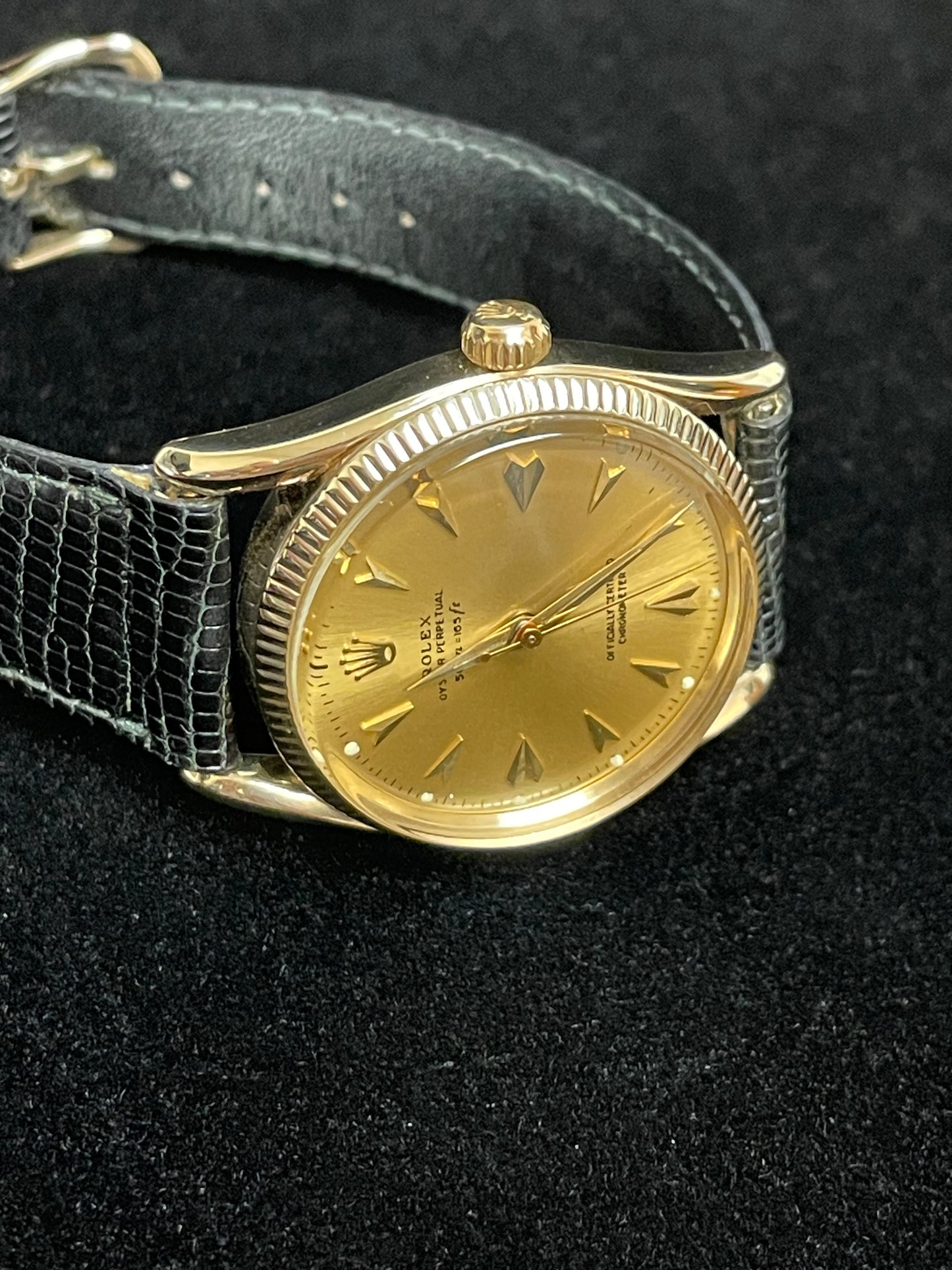 1956 Rolex Oyster Perpetual 6593 Champagne Dial Solid 14kt Leather Strap 34mm