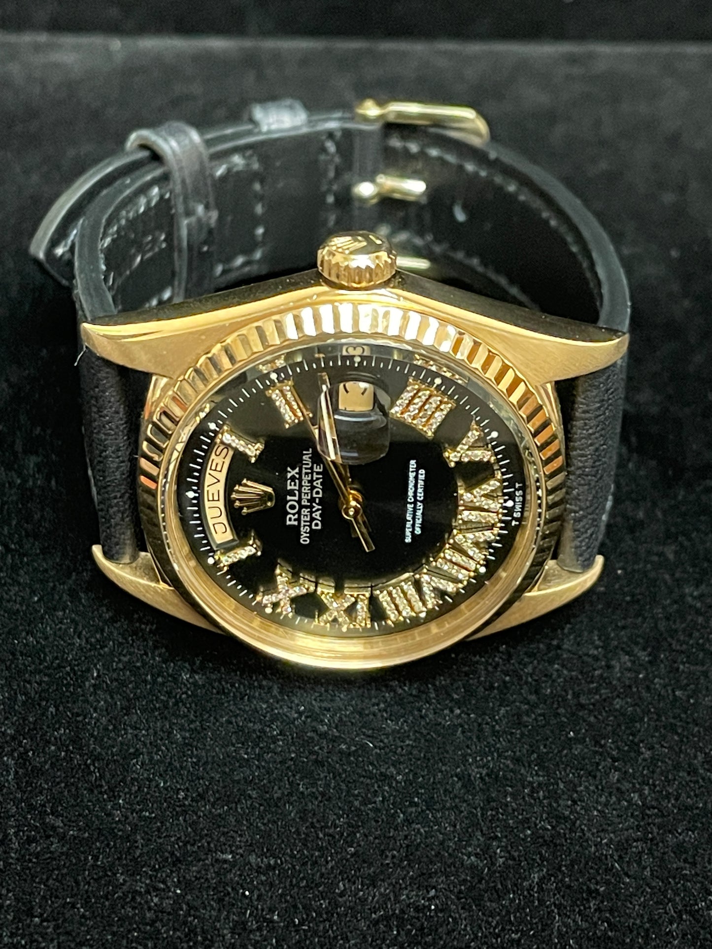 Rolex Day-Date 1803 Black Roman Diamond Dial 18kt Black Leather Strap 36mm