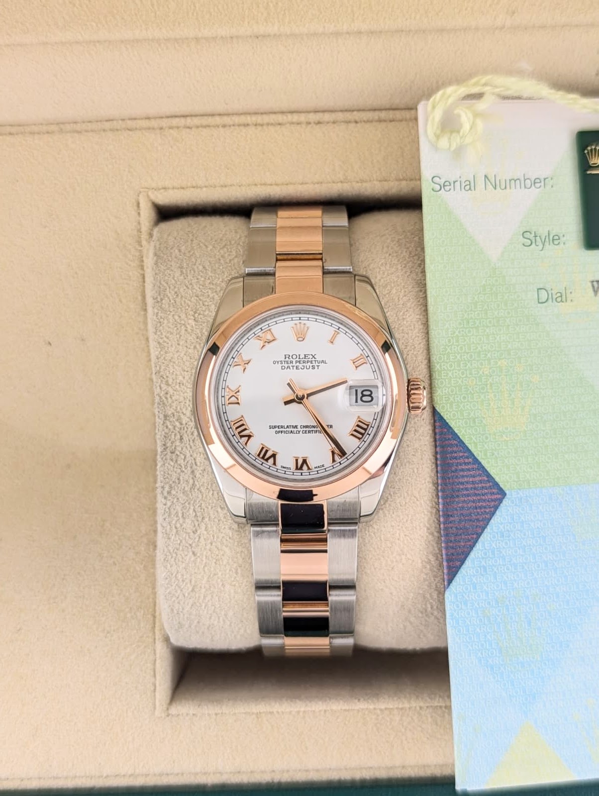 2006 Rolex Datejust 178241 White Roman Dial TT Oyster Rose With Papers 31mm
