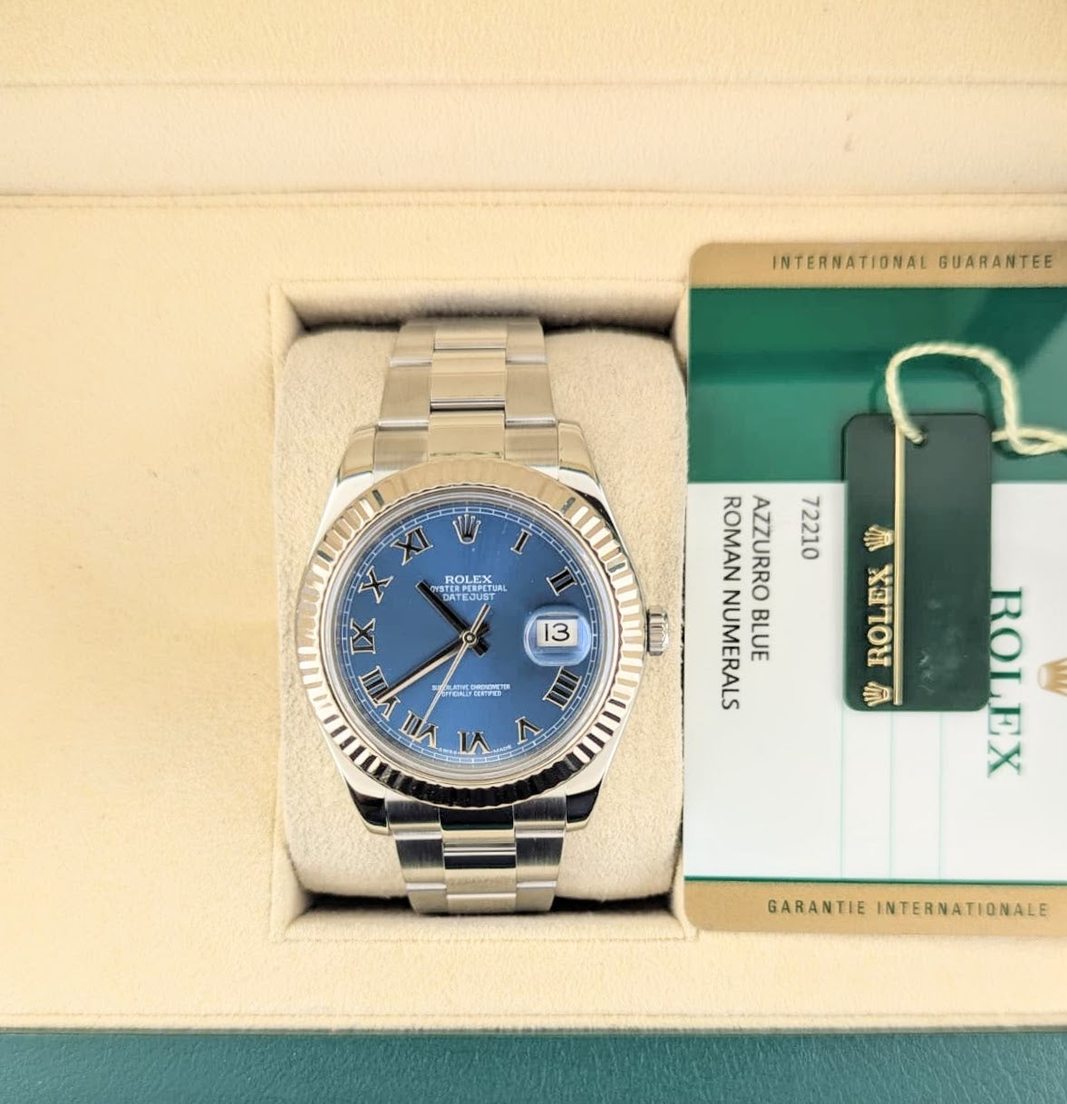 2016 Rolex Datejust 116334 Blue Roman Dial 18kt Bezel SS Oyster With Papers 41mm