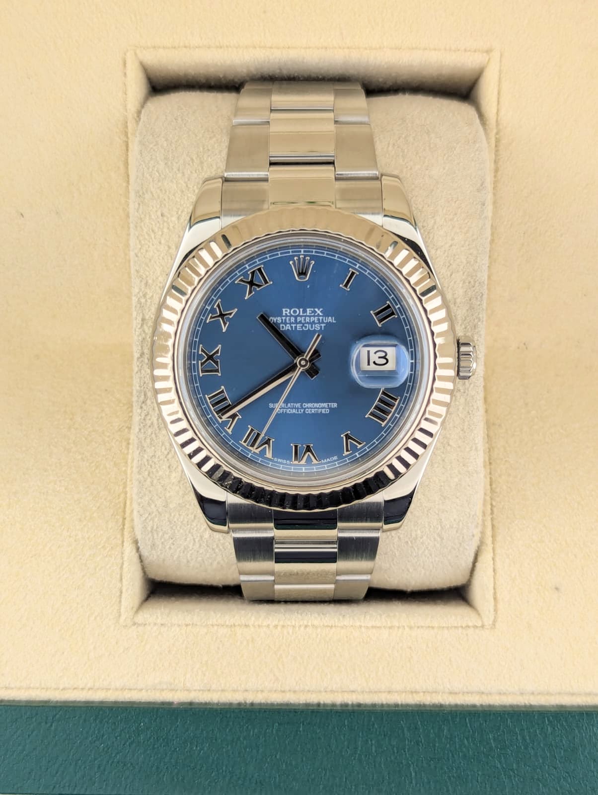 2016 Rolex Datejust 116334 Blue Roman Dial 18kt Bezel SS Oyster With Papers 41mm