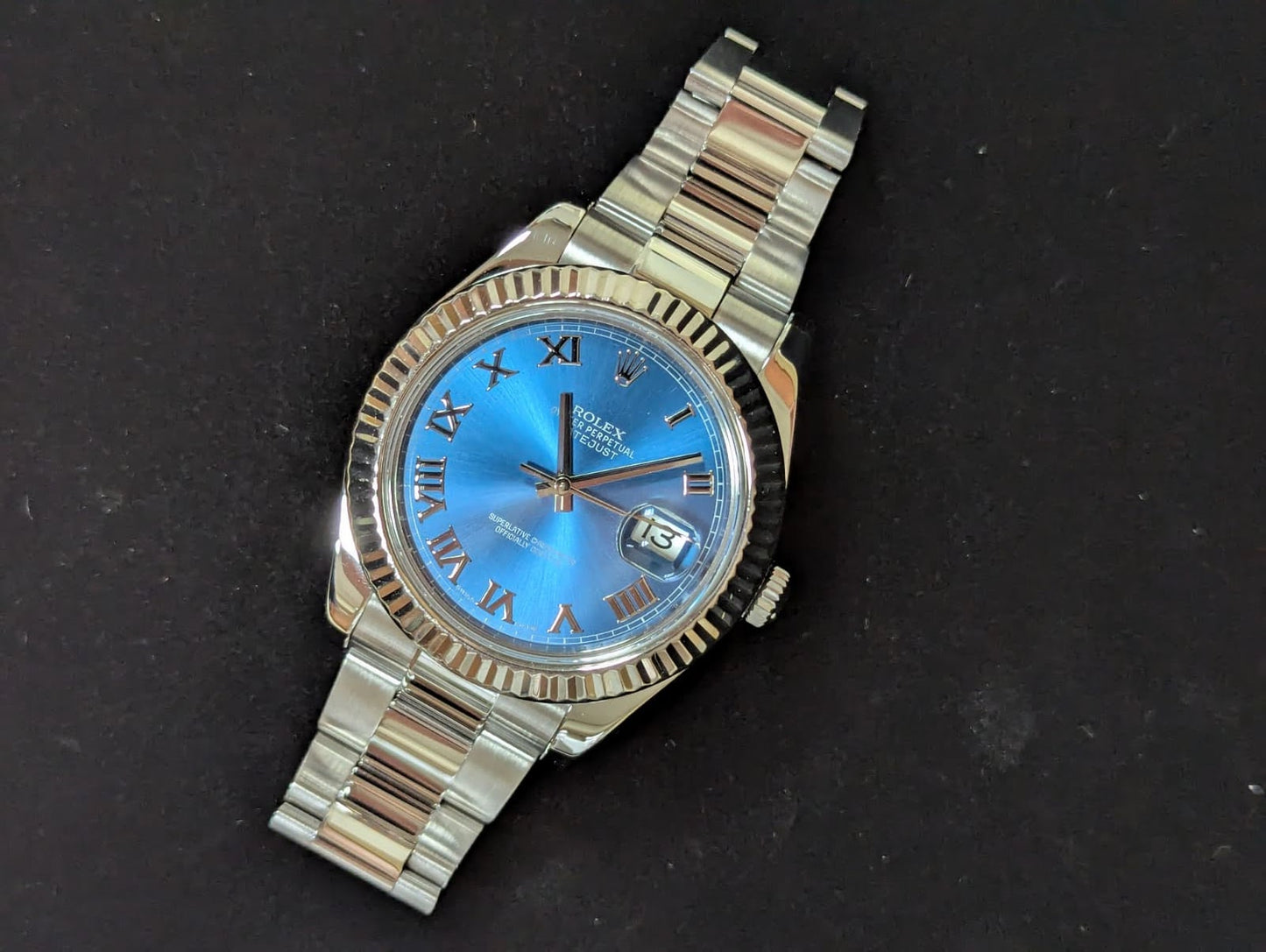 2016 Rolex Datejust 116334 Blue Roman Dial 18kt Bezel SS Oyster With Papers 41mm