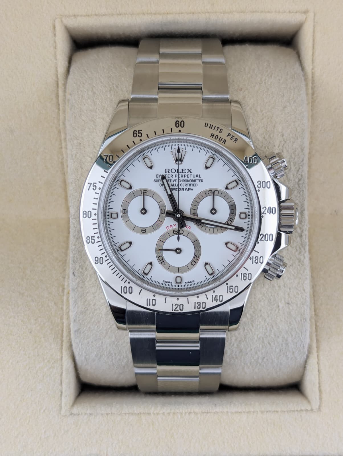 2015 Rolex Daytona 116520 White APH Dial Blue Lume SS Oyster With Papers 40mm