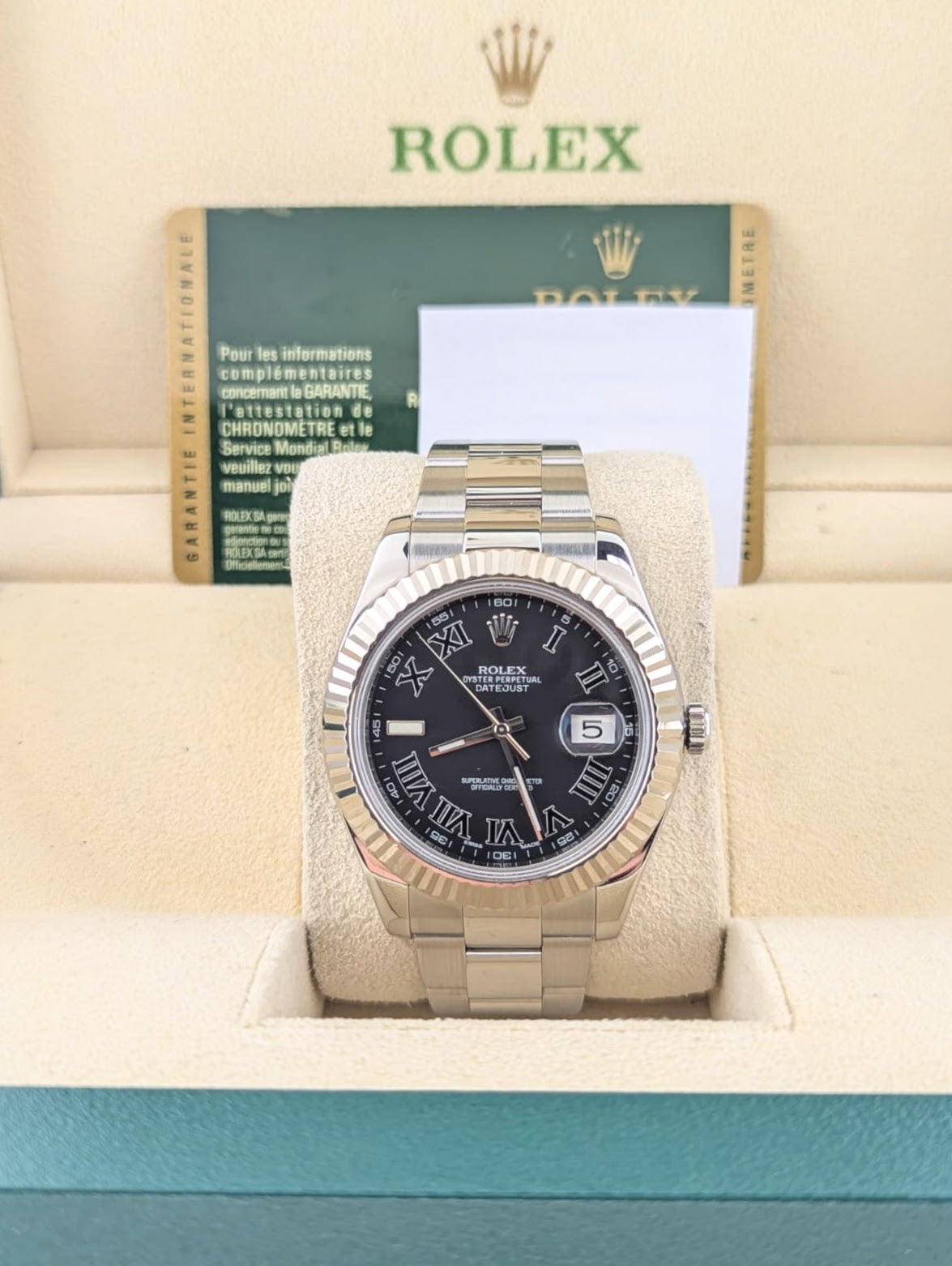 2012 Rolex Datejust 116334 Black Roman Dial WG Bezel SS Oyster With Papers 41mm