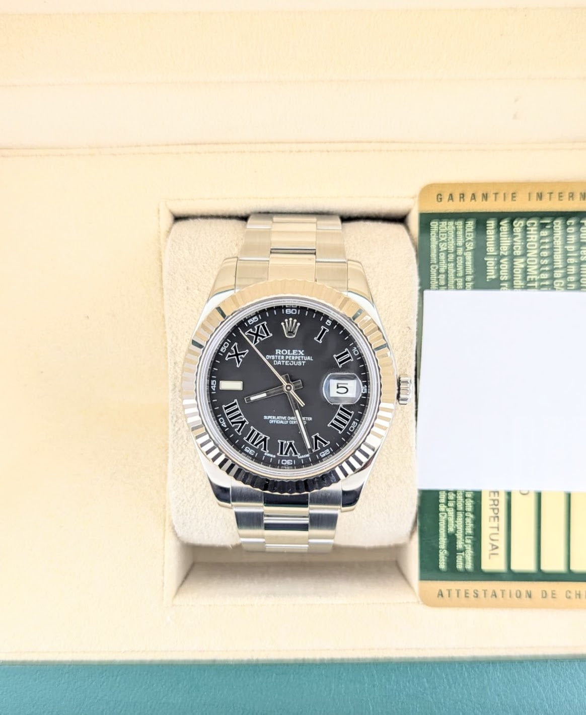 2012 Rolex Datejust 116334 Black Roman Dial WG Bezel SS Oyster With Papers 41mm