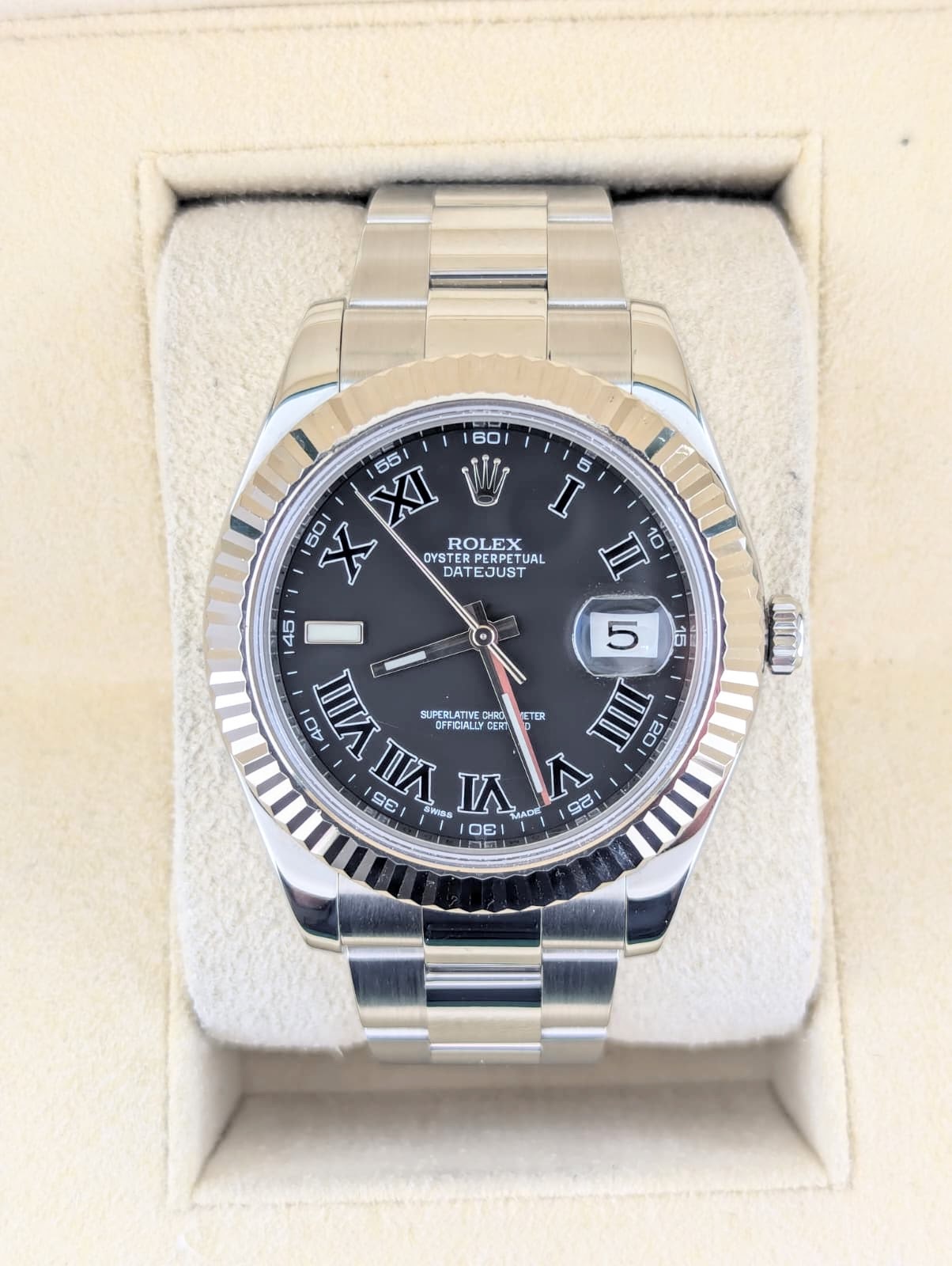 2012 Rolex Datejust 116334 Black Roman Dial WG Bezel SS Oyster With Papers 41mm
