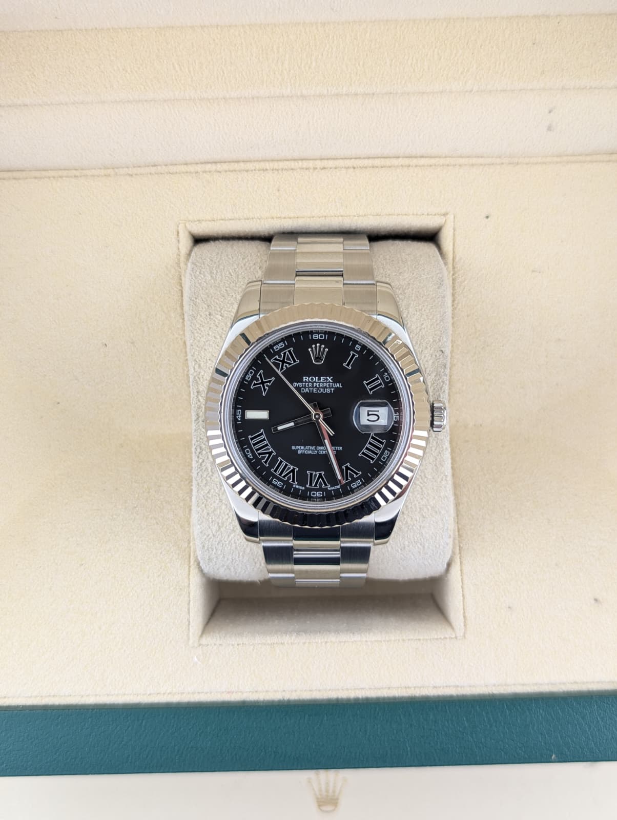 2012 Rolex Datejust 116334 Black Roman Dial WG Bezel SS Oyster With Papers 41mm