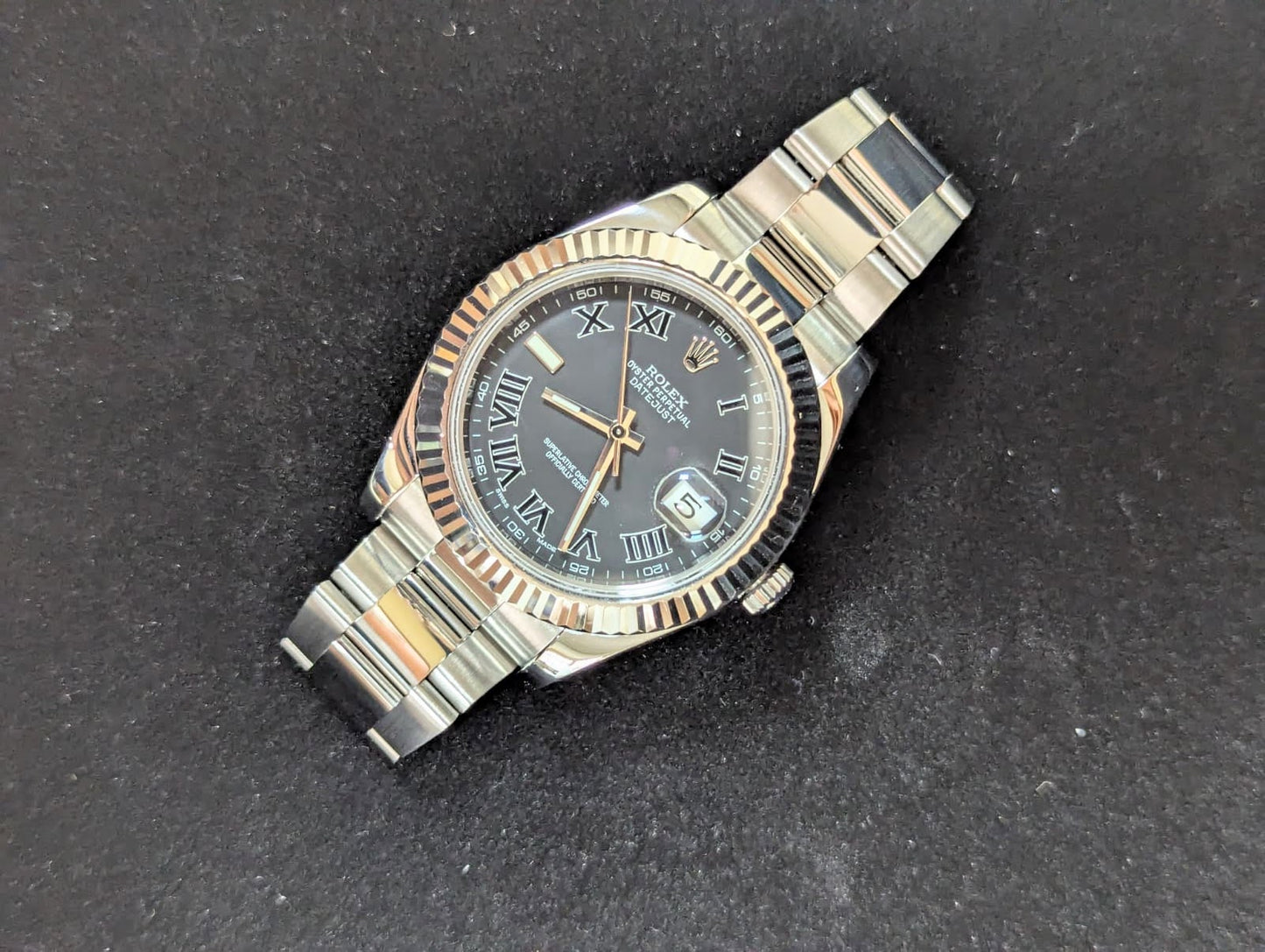 2012 Rolex Datejust 116334 Black Roman Dial WG Bezel SS Oyster With Papers 41mm