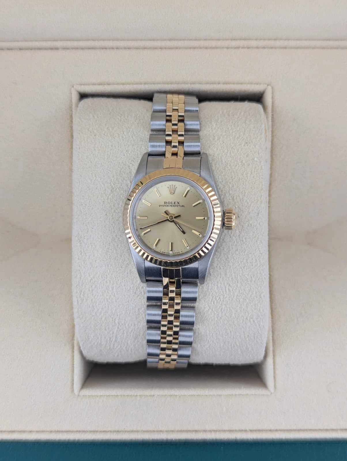 1985 Rolex Ladies Oyster Perpetual 67193 Champagne Dial TT Jubilee 26mm