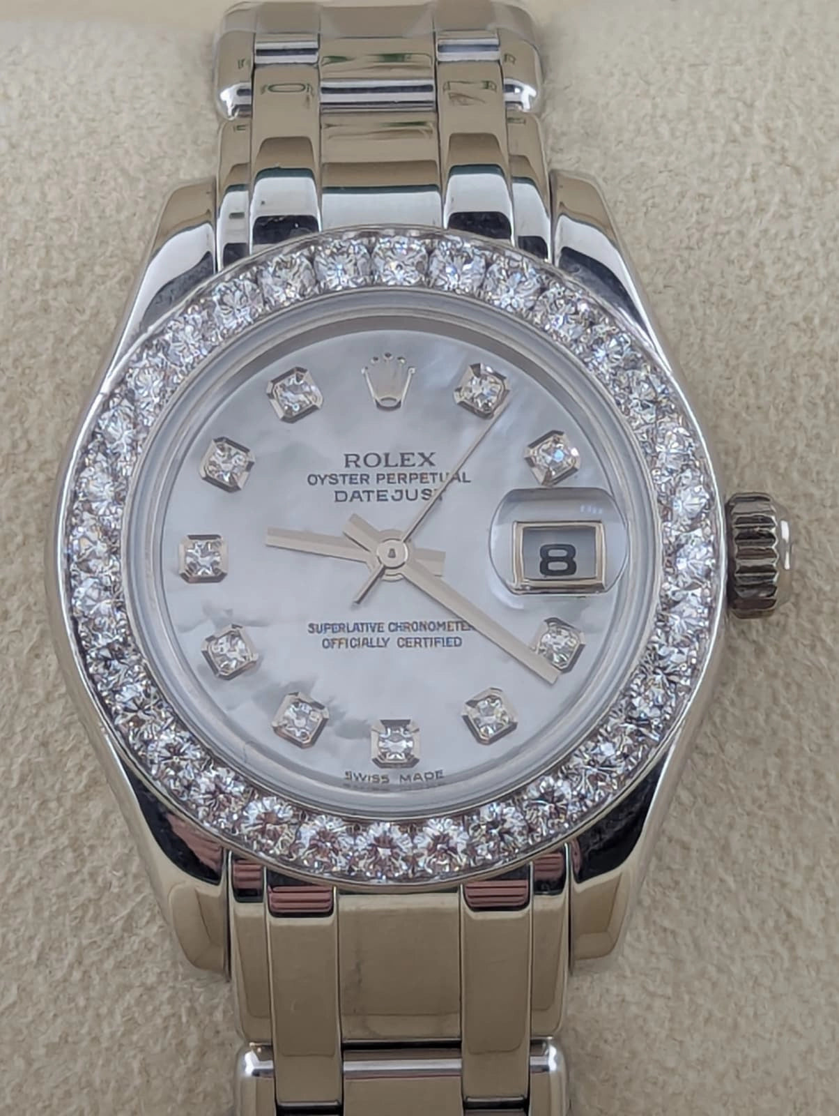 2001 Rolex Ladies Datejust 80299 MOP Diamond Dial and Bezel 18k Pearlmaster 29mm