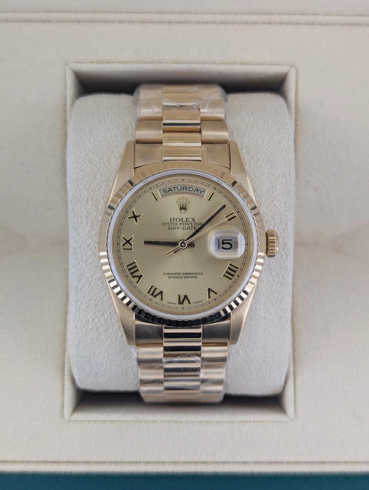 1996 Rolex Day-Date 18238 Champagne Roman Dial 18kt President No Papers 36mm