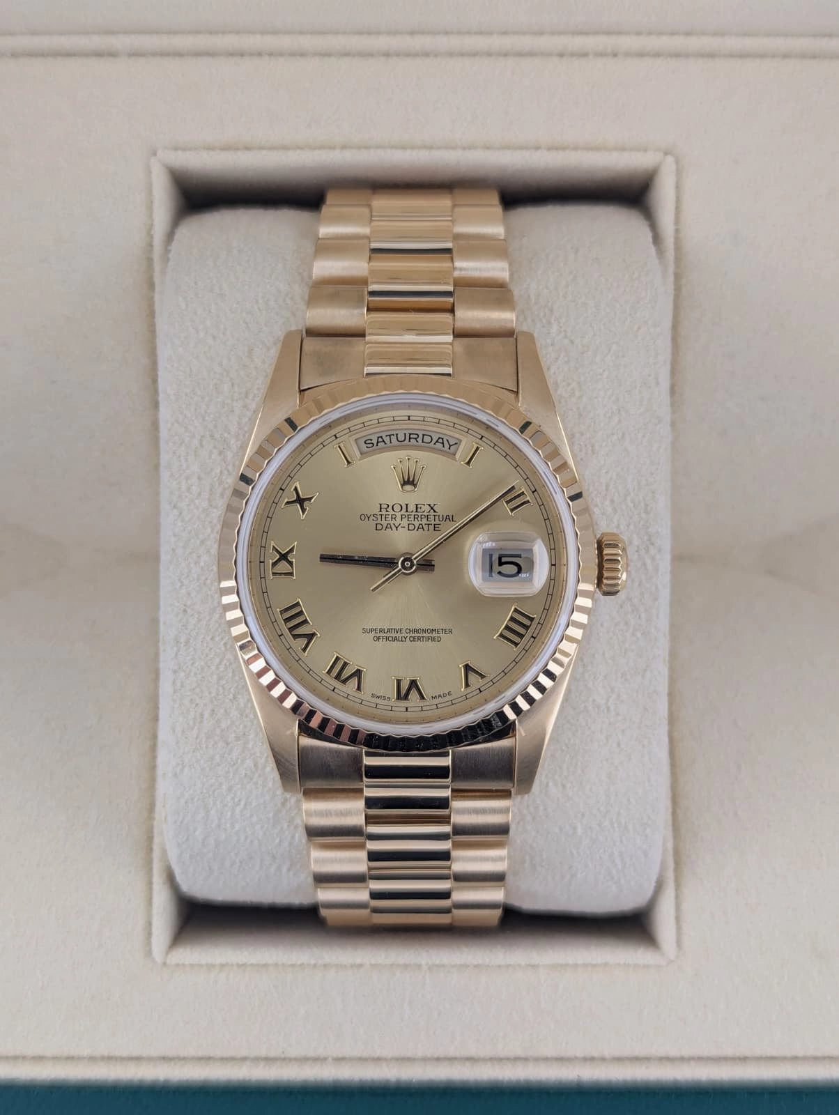 1996 Rolex Day-Date 18238 Champagne Roman Dial 18kt President No Papers 36mm