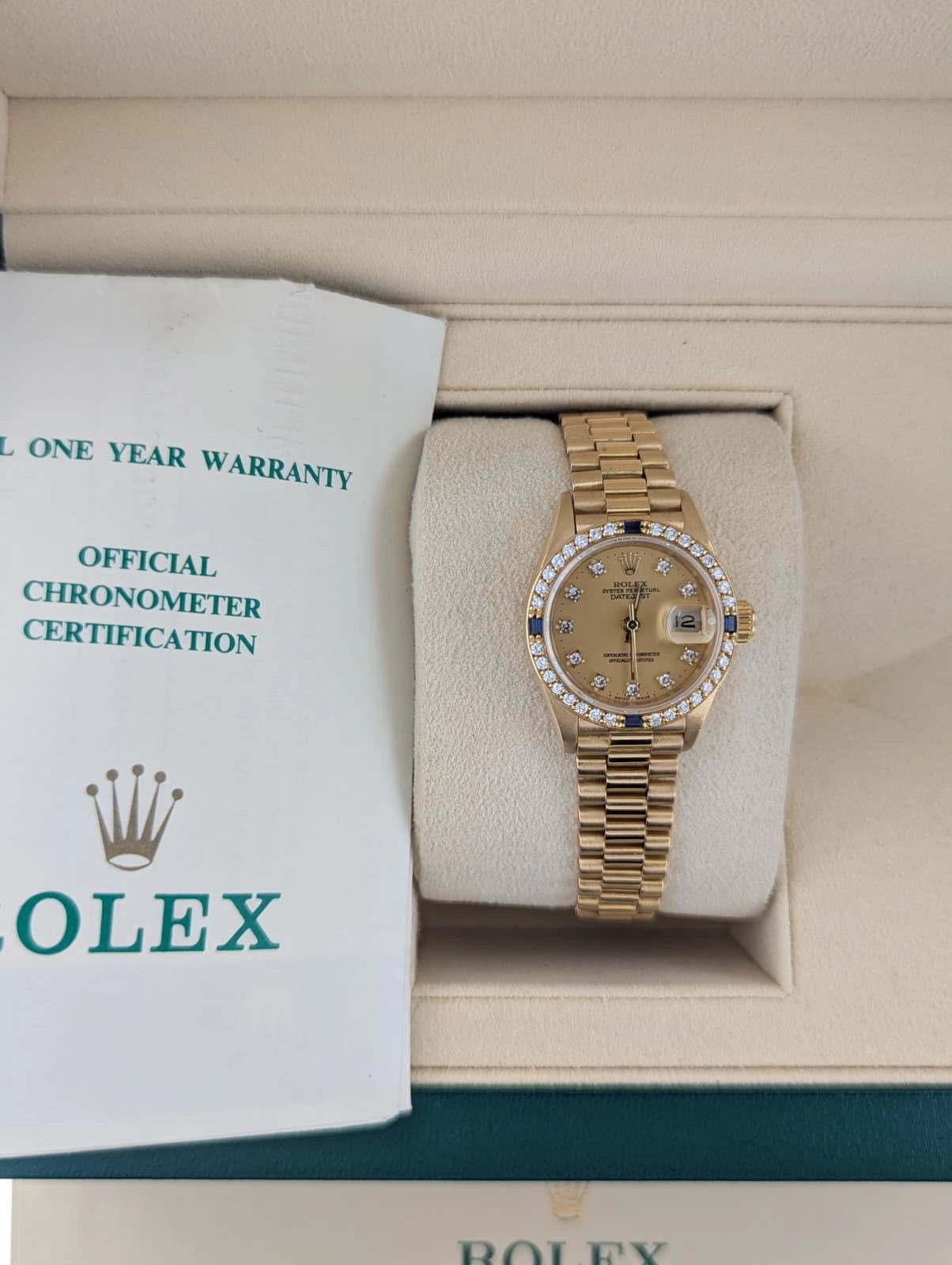 Rolex Lady Datejust 69088 Champ Diamond Dial Sapphire Bezel 18kt President 26mm