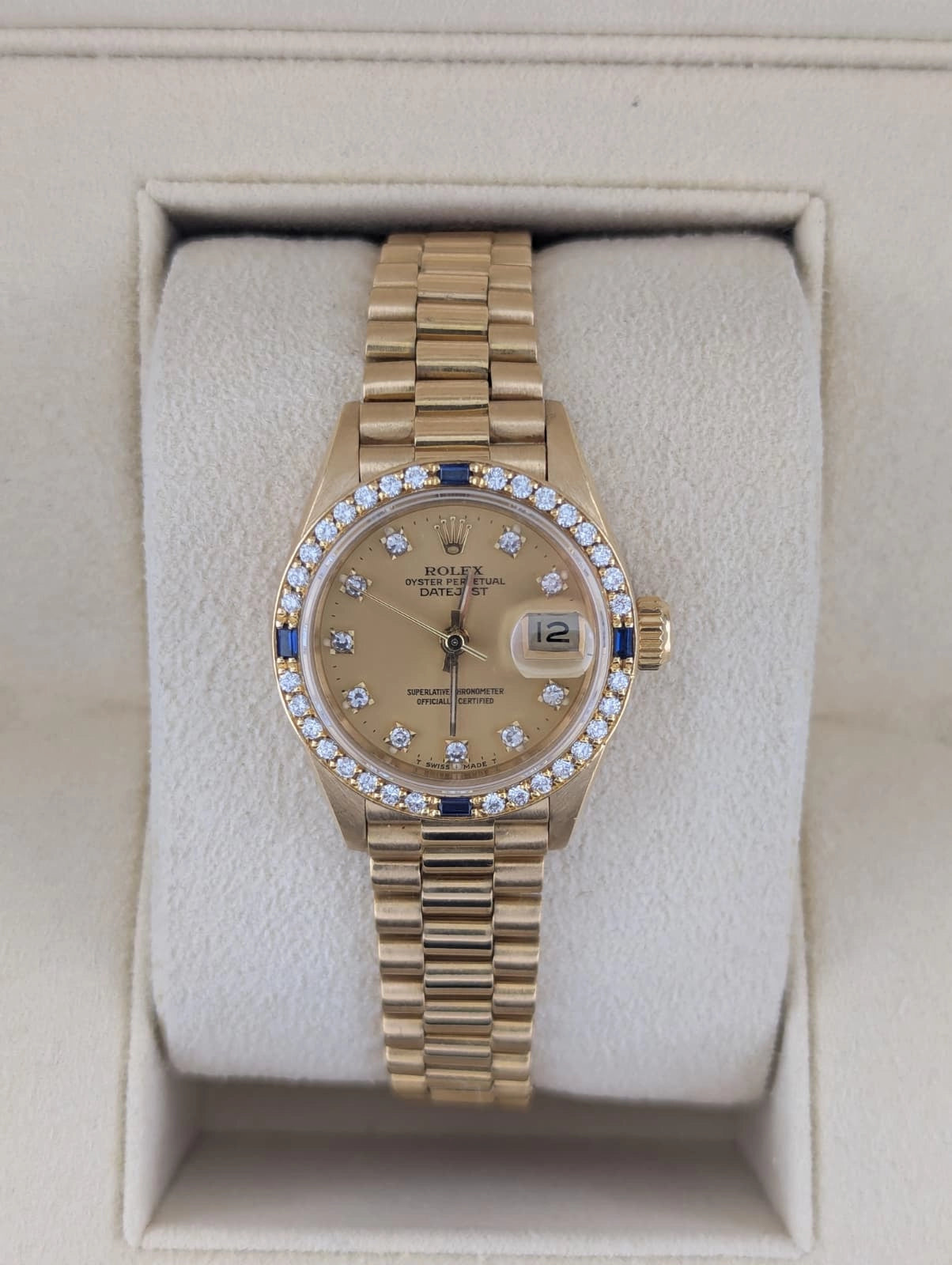 Rolex Lady Datejust 69088 Champ Diamond Dial Sapphire Bezel 18kt President 26mm
