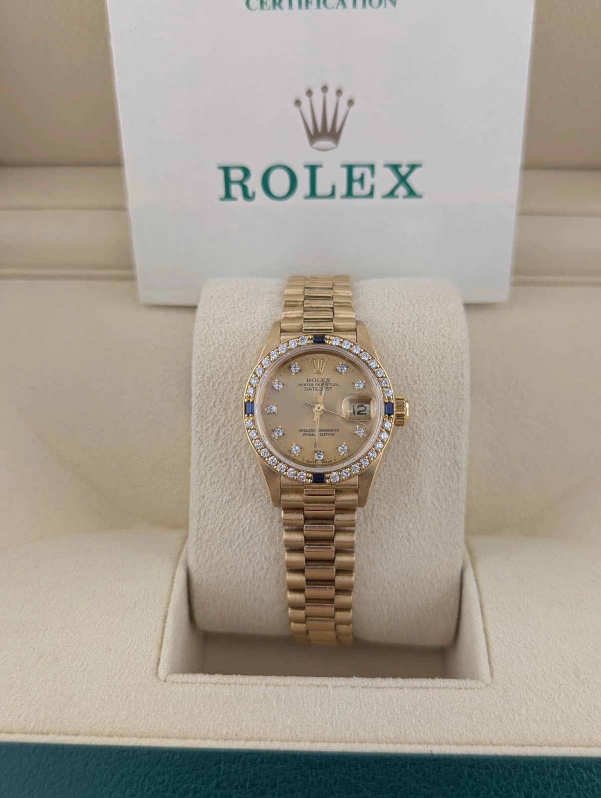 Rolex Lady Datejust 69088 Champ Diamond Dial Sapphire Bezel 18kt President 26mm