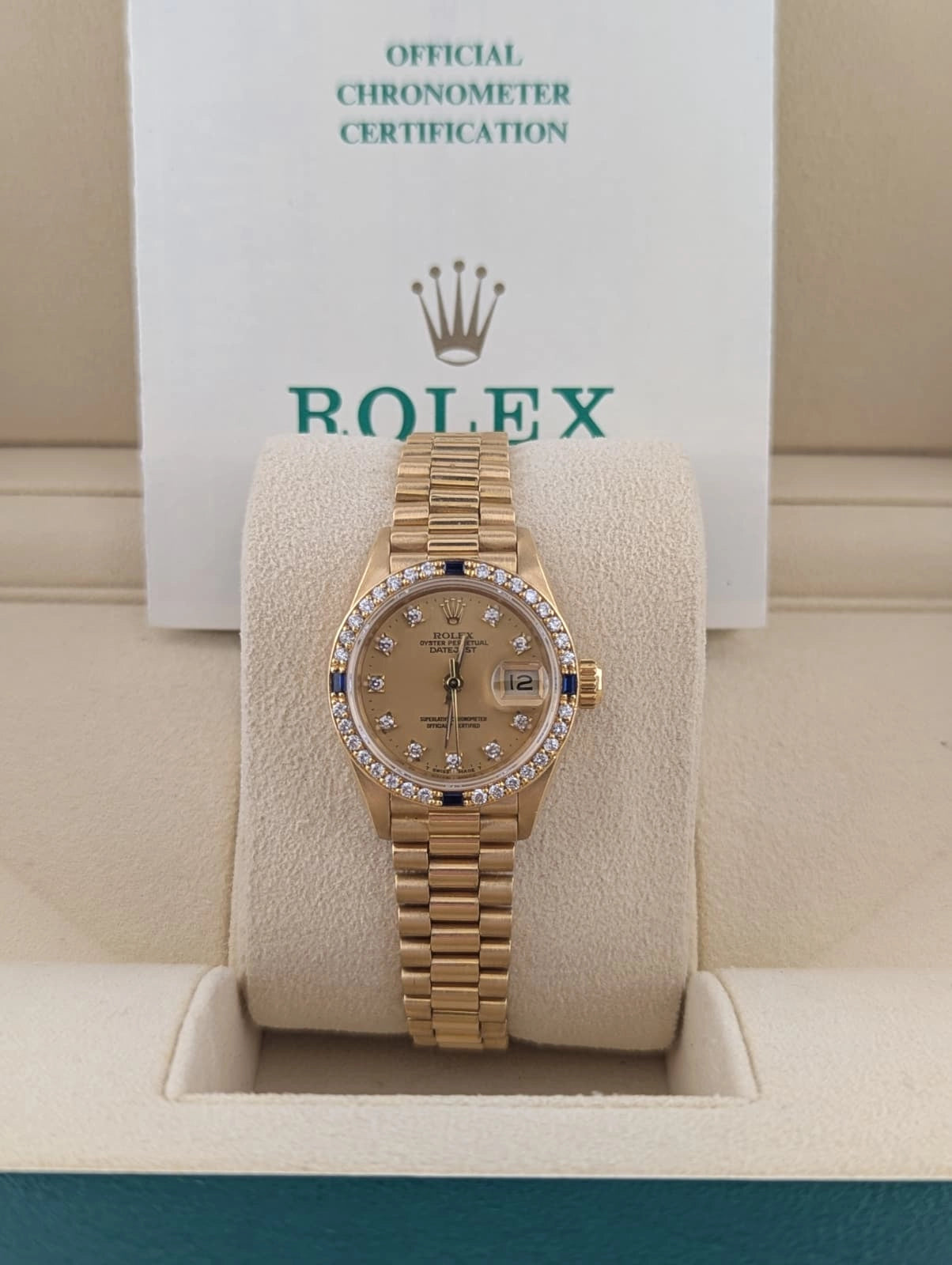 Rolex Lady Datejust 69088 Champ Diamond Dial Sapphire Bezel 18kt President 26mm