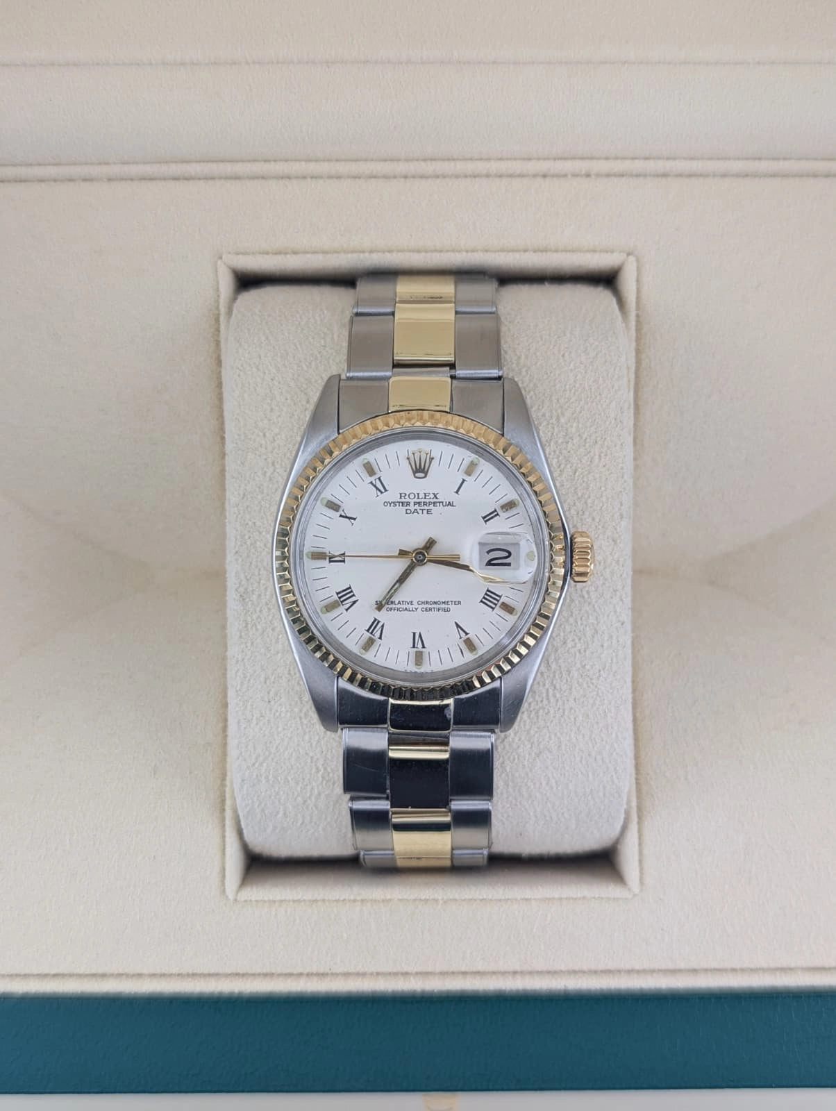 1969 Rolex Oyster Perpetual Date 1500 White Roman Dial TT Oyster Rivet 34mm