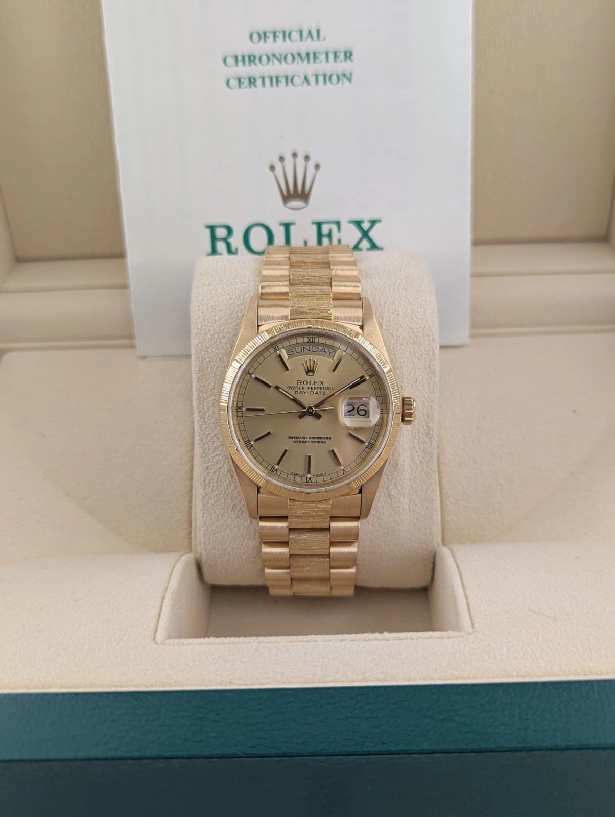 Rolex Day-Date 18078 Champagne Stick Dial 18kt Bark President With Papers 36mm
