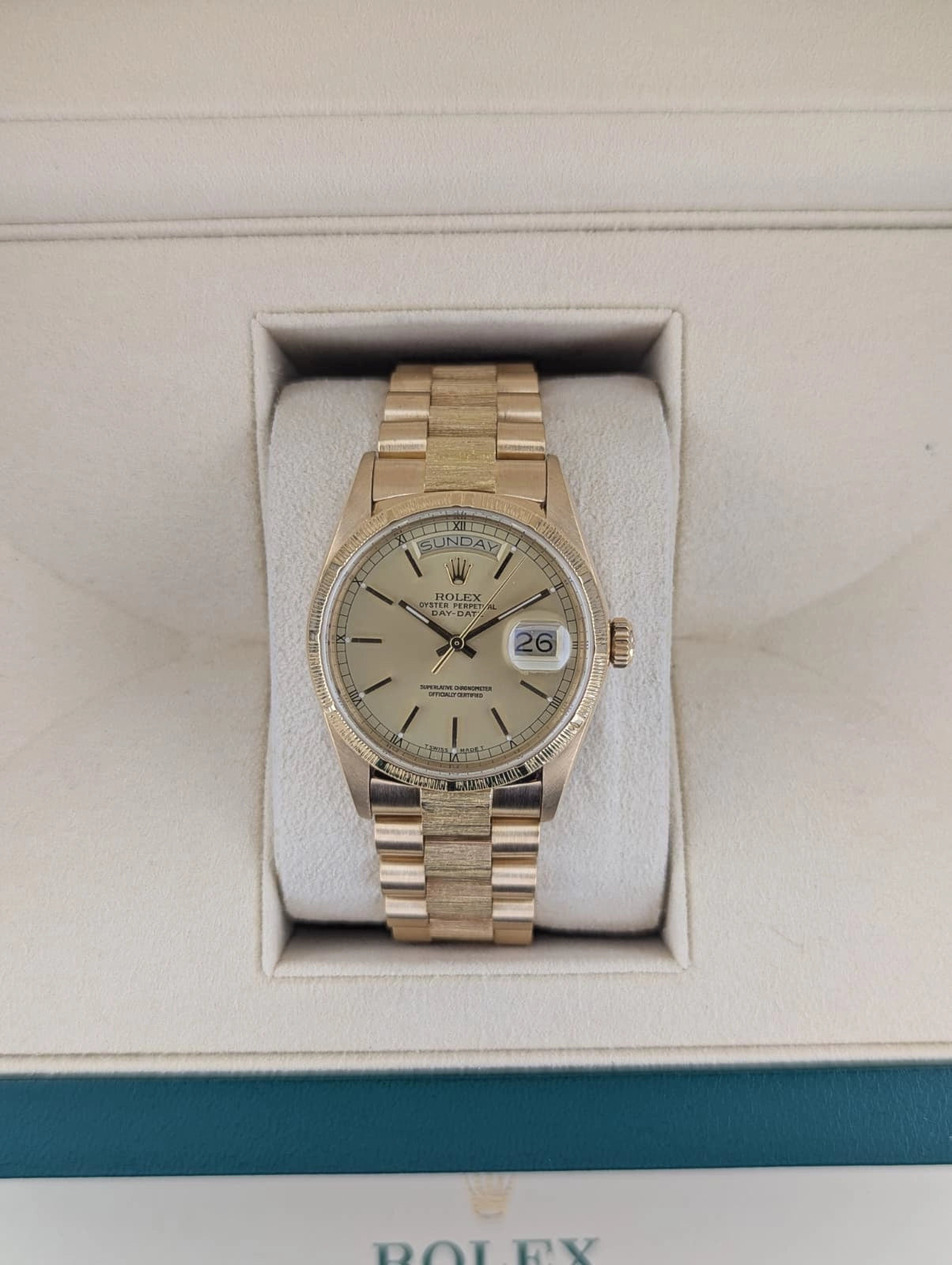 Rolex Day-Date 18078 Champagne Stick Dial 18kt Bark President With Papers 36mm
