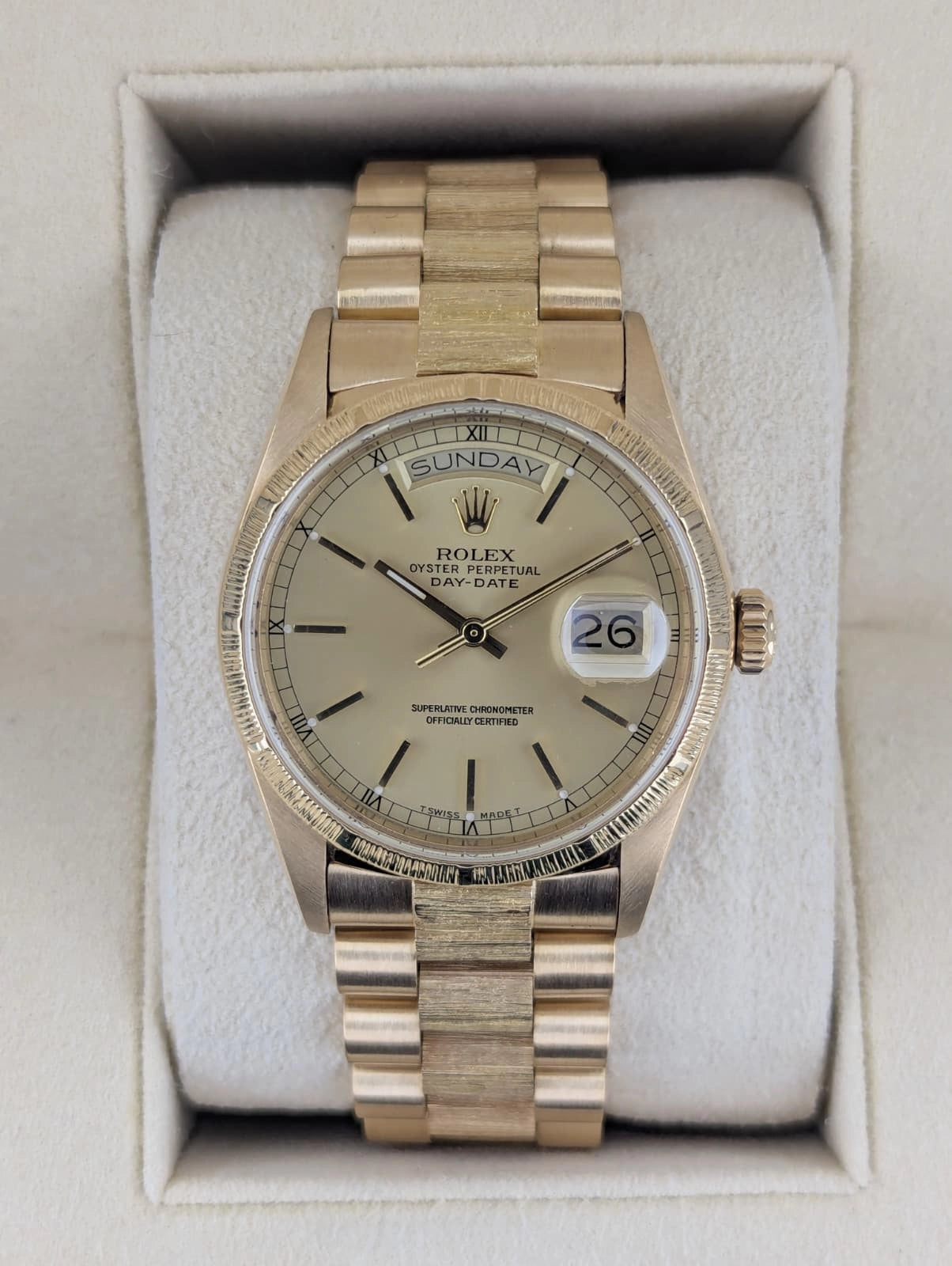 Rolex Day-Date 18078 Champagne Stick Dial 18kt Bark President With Papers 36mm