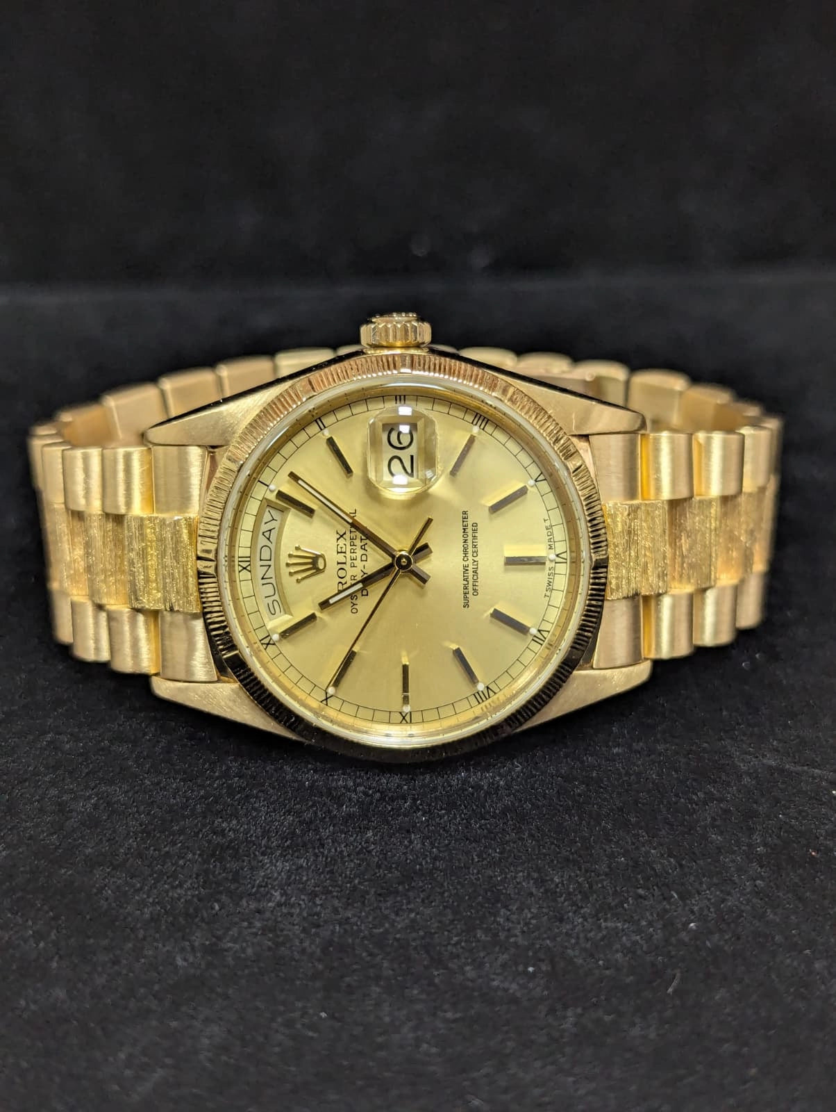 Rolex Day-Date 18078 Champagne Stick Dial 18kt Bark President With Papers 36mm