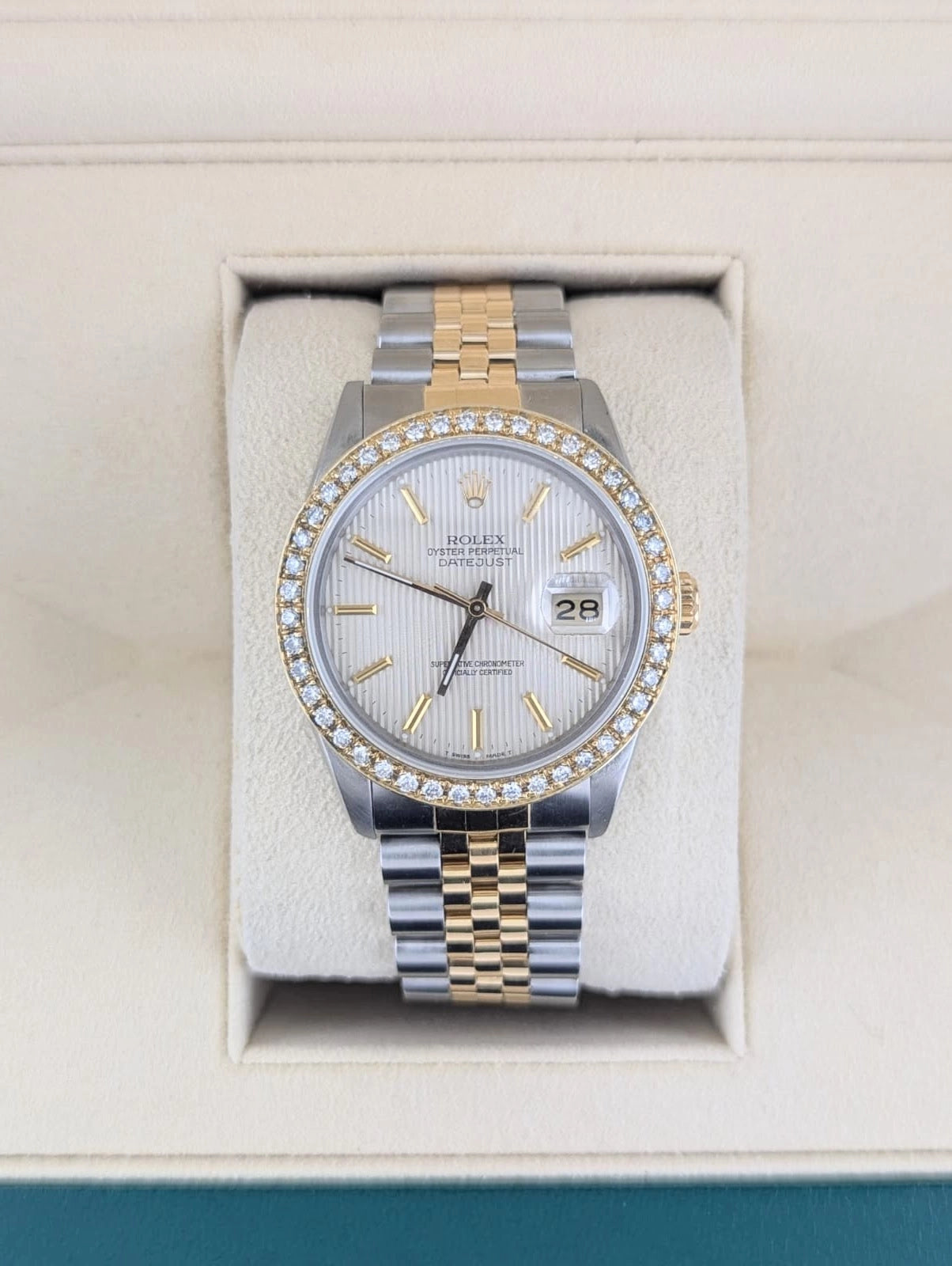 1988 Rolex Datejust 16013 Silver Tapestry Dial Diamond Bezel TT Jubilee 36mm
