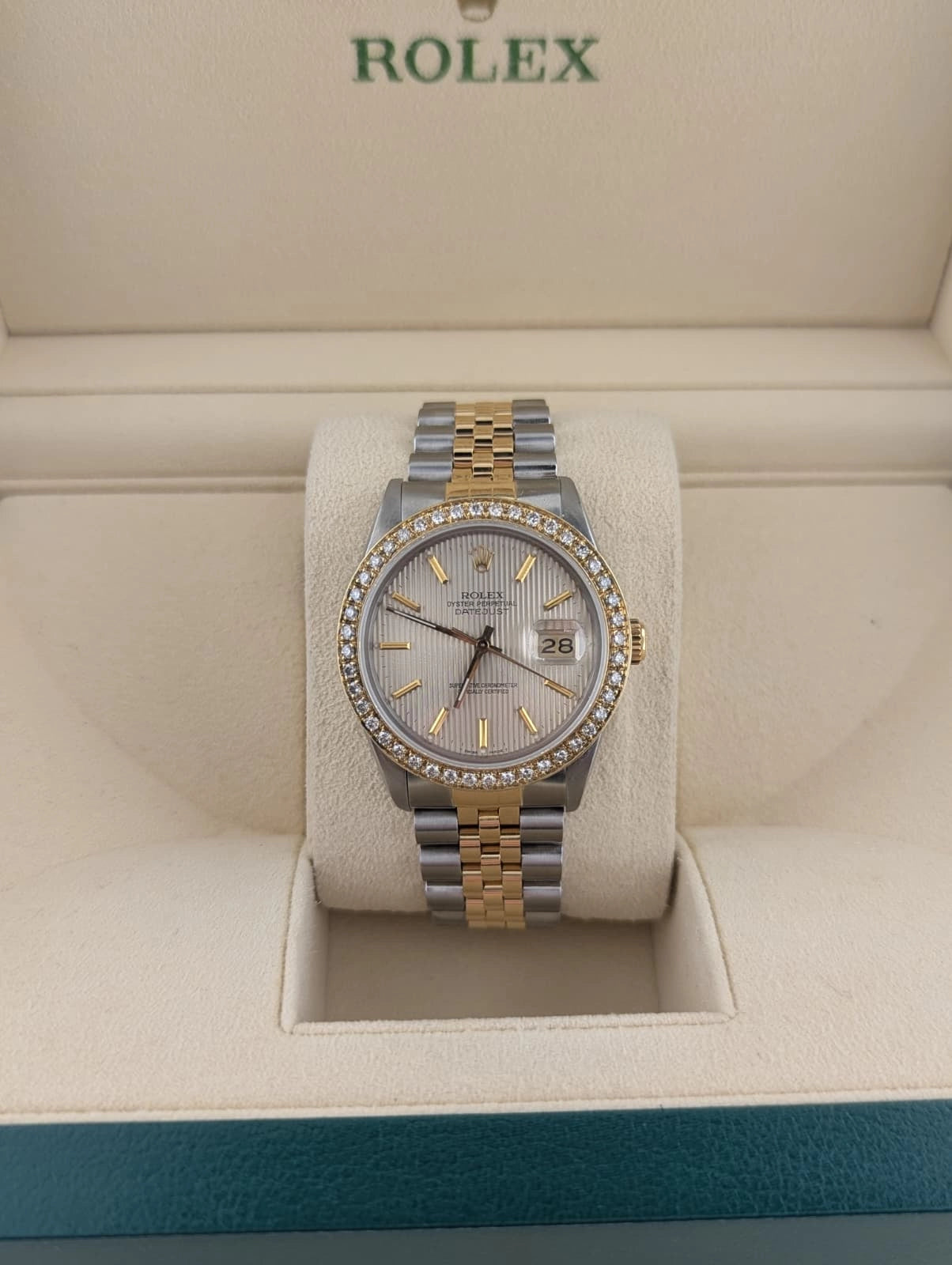 1988 Rolex Datejust 16013 Silver Tapestry Dial Diamond Bezel TT Jubilee 36mm
