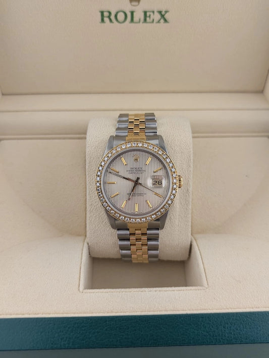 1988 Rolex Datejust 16013 Silver Tapestry Dial Diamond Bezel TT Jubilee 36mm