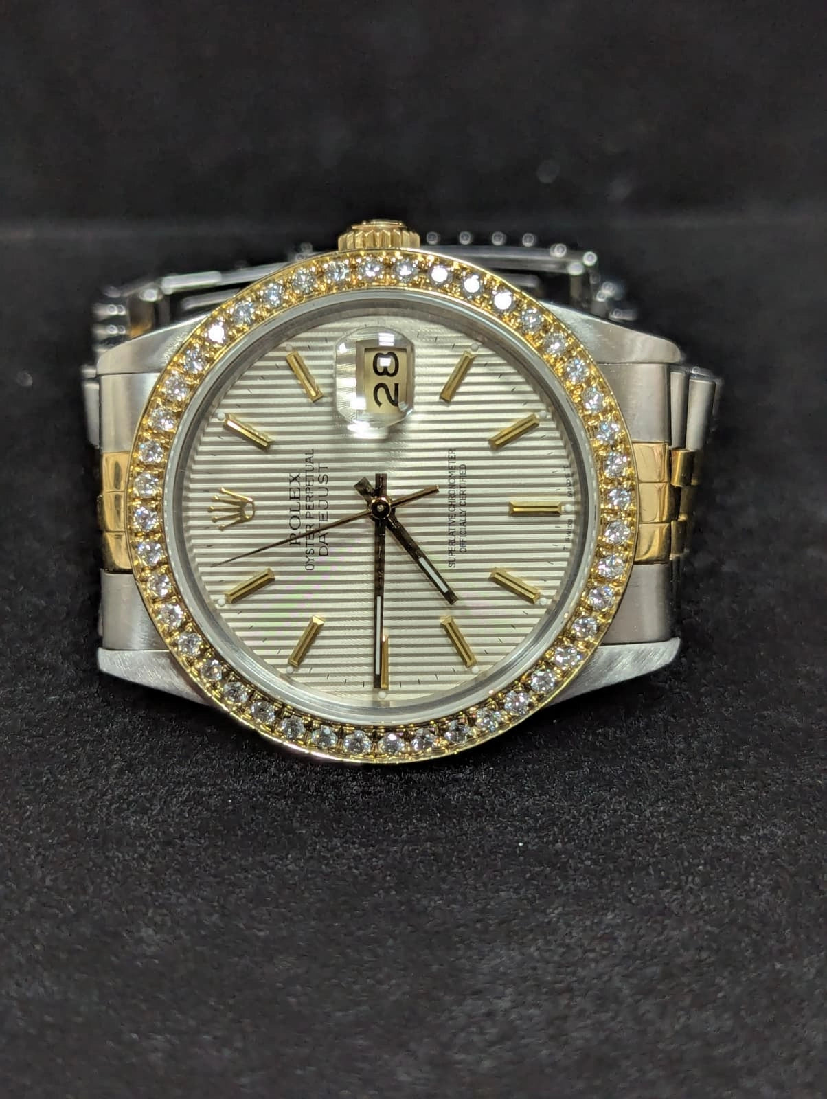 1988 Rolex Datejust 16013 Silver Tapestry Dial Diamond Bezel TT Jubilee 36mm