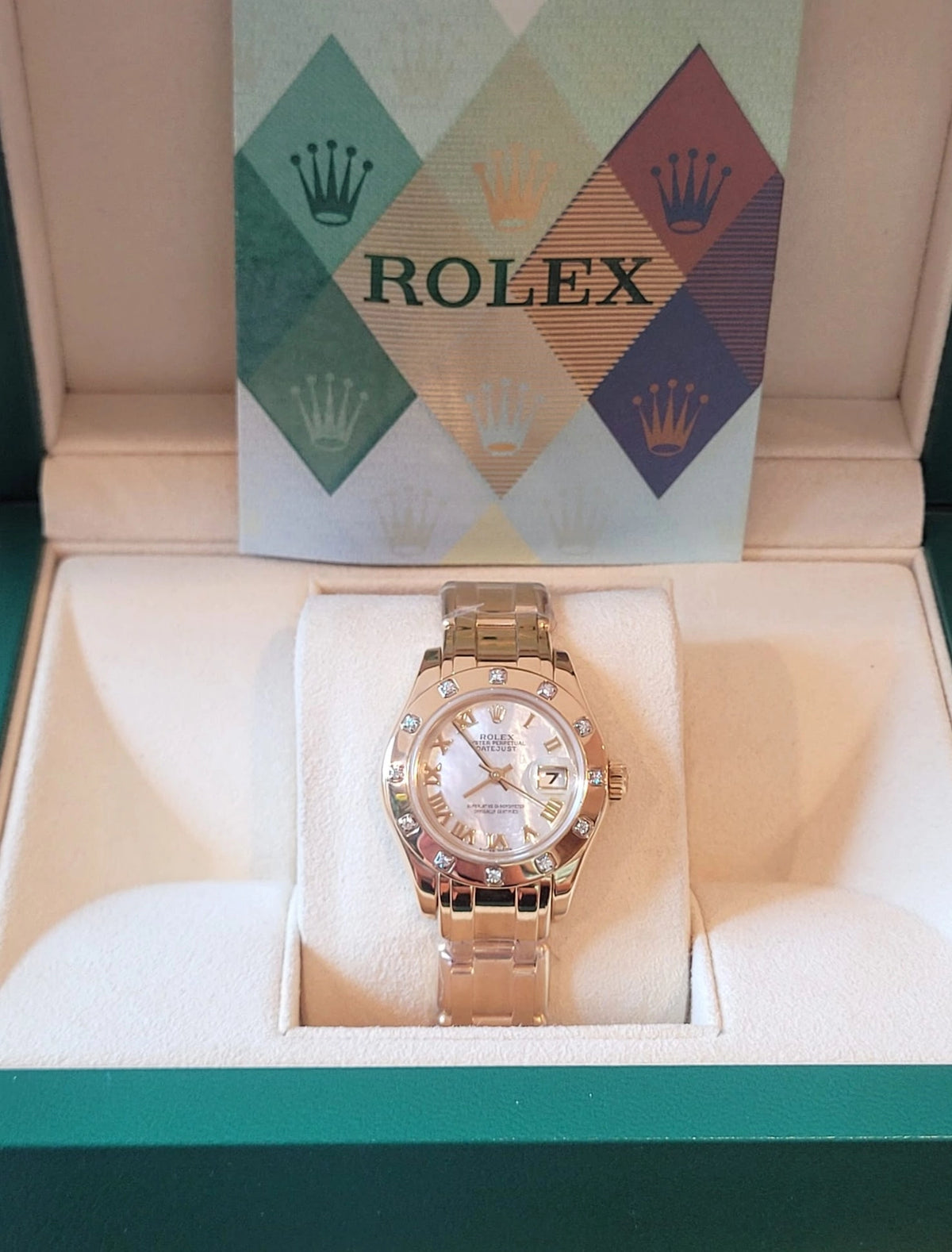 2004 Rolex Pearlmaster 80318 White MOP Roman Dial 18kt YG With Papers 29mm