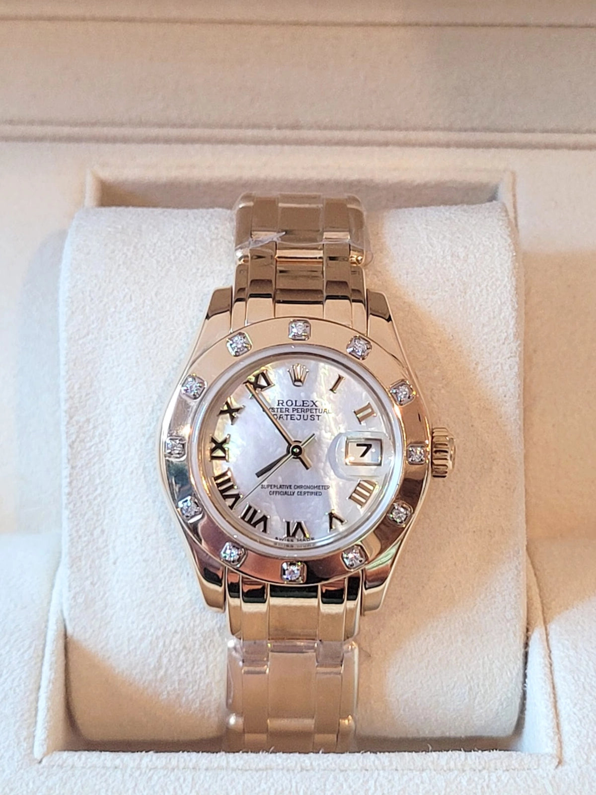 2004 Rolex Pearlmaster 80318 White MOP Roman Dial 18kt YG With Papers 29mm