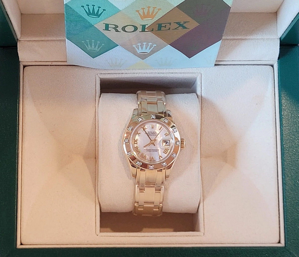 2004 Rolex Pearlmaster 80318 White MOP Roman Dial 18kt YG With Papers 29mm