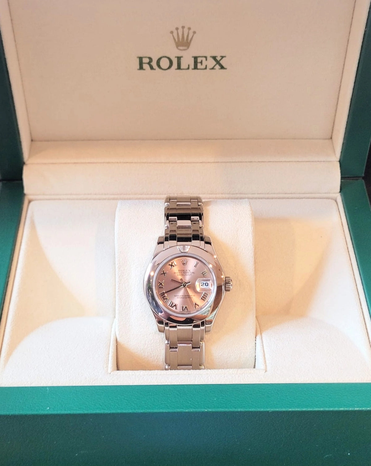 1995 Rolex Ladies Pearlmaster 69329 Pink Roman Dial Diamond Bezel 18kt WG 29mm