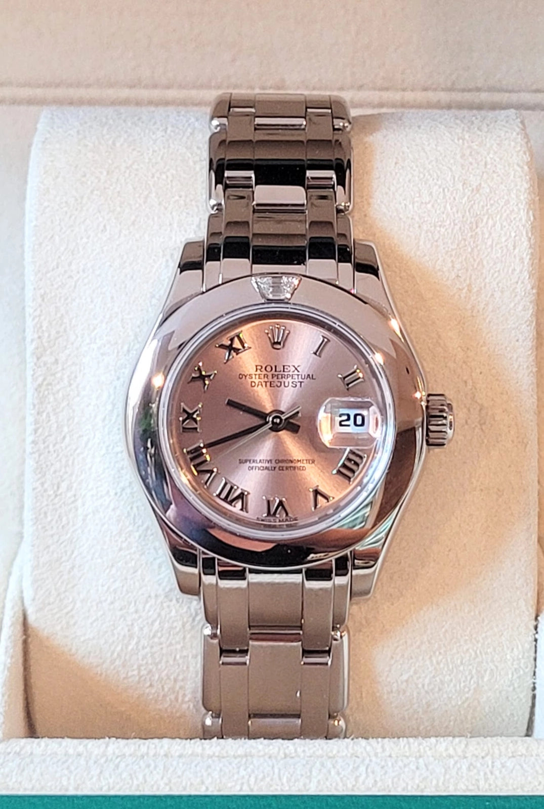 1995 Rolex Ladies Pearlmaster 69329 Pink Roman Dial Diamond Bezel 18kt WG 29mm