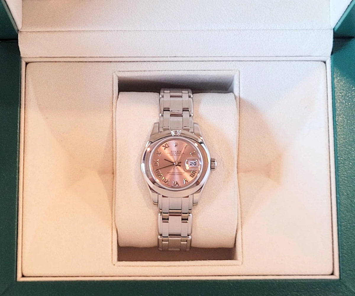 1995 Rolex Ladies Pearlmaster 69329 Pink Roman Dial Diamond Bezel 18kt WG 29mm