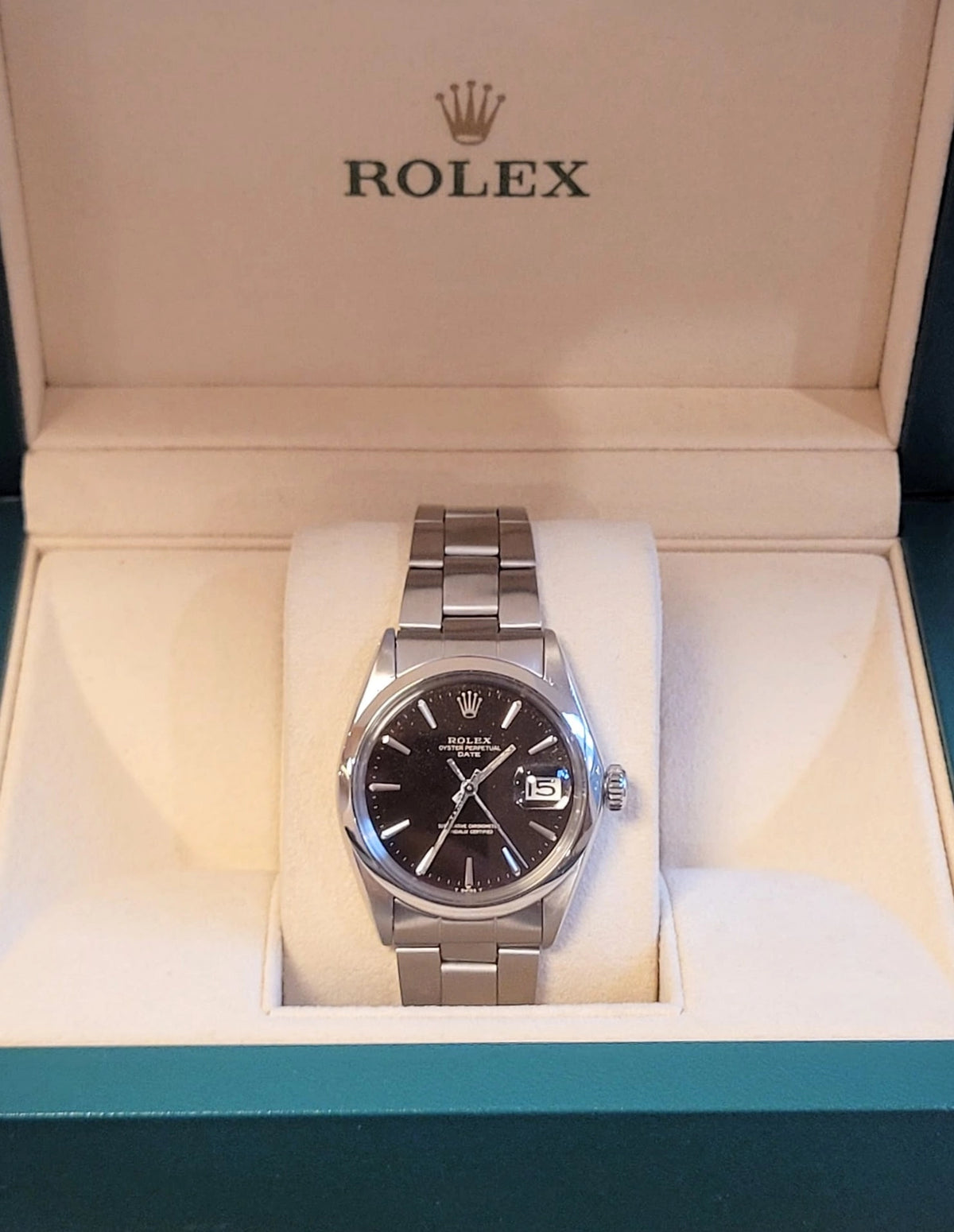1970 Rolex Date 1500 Black Gilt Dial SS Rivet Oyster No Papers 34mm