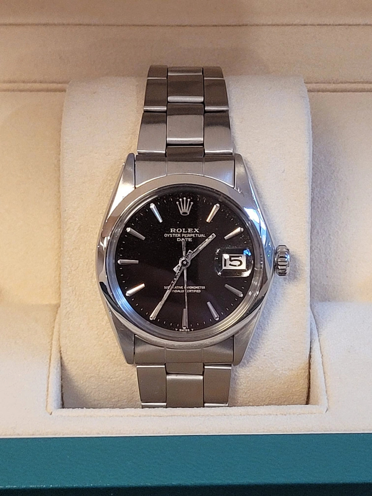 1970 Rolex Date 1500 Black Gilt Dial SS Rivet Oyster No Papers 34mm