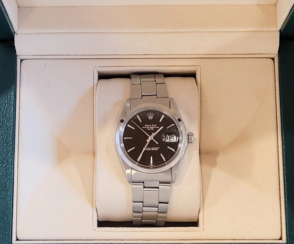 1970 Rolex Date 1500 Black Gilt Dial SS Rivet Oyster No Papers 34mm
