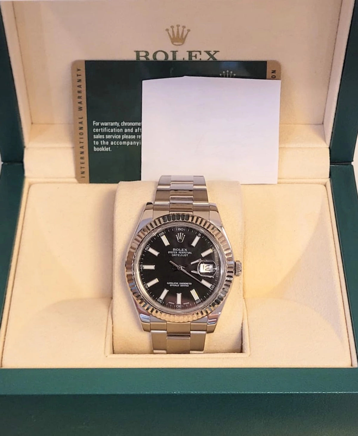 2012 Rolex Datejust 116334 Black Dial Fluted Bezel SS Oyster With Papers 41mm